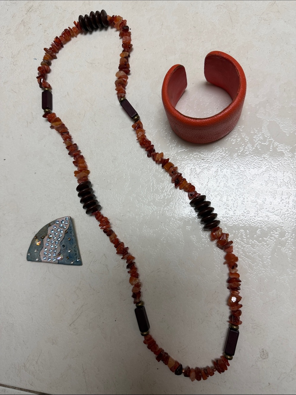 ACarnelian Chip Beaded Necklace in Warm Orange, signed Presmer cuff & signed pin